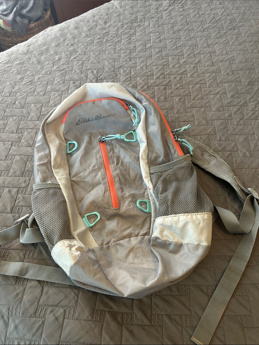 Eddie Bauer Stowaway Packsble Travel Backpack grey coral and seafoam green
